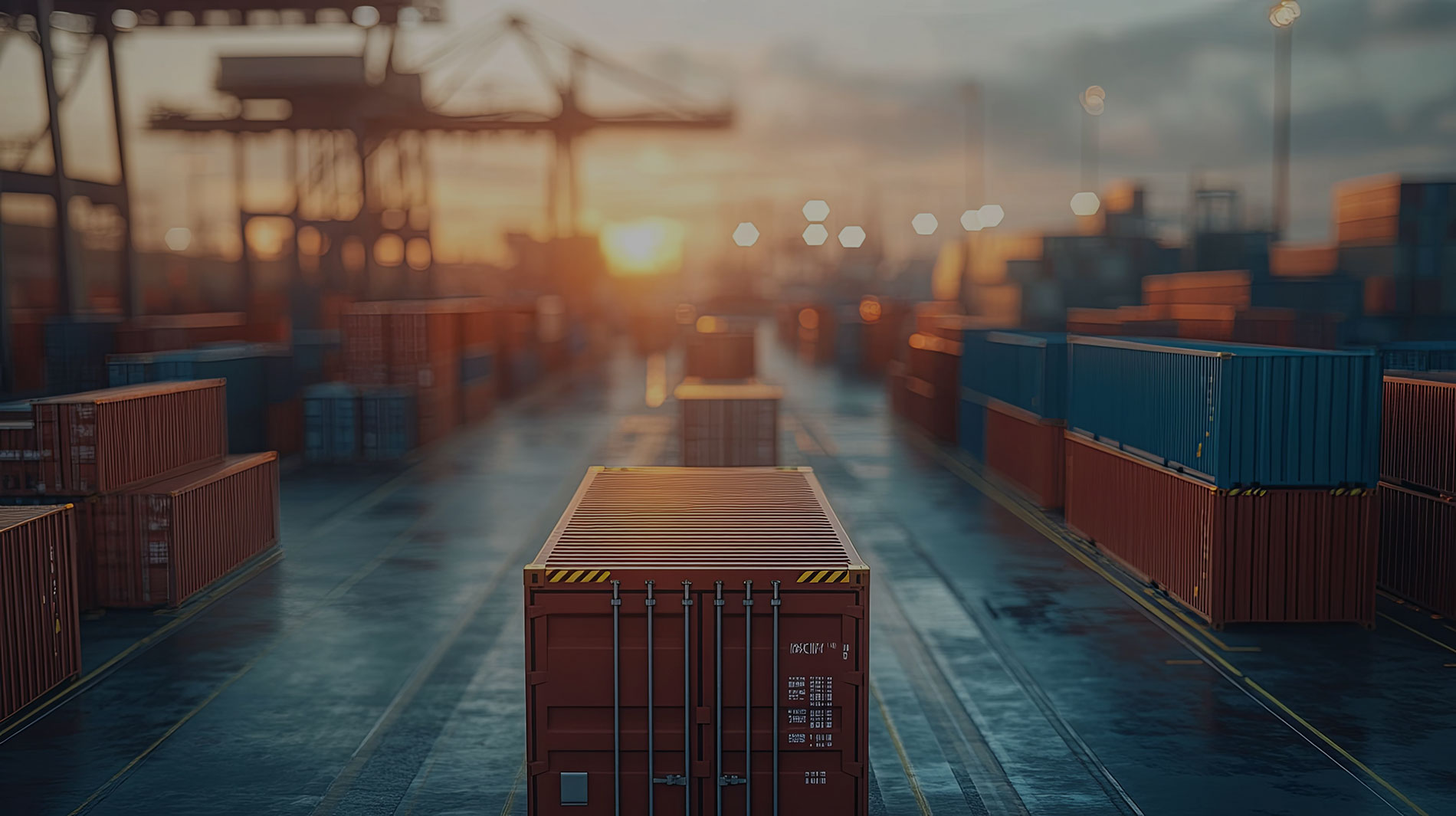 Container auf einem internationalen Hafengelände bei Sonnenaufgang – Symbolbild für Import, Export und Zollabwicklung